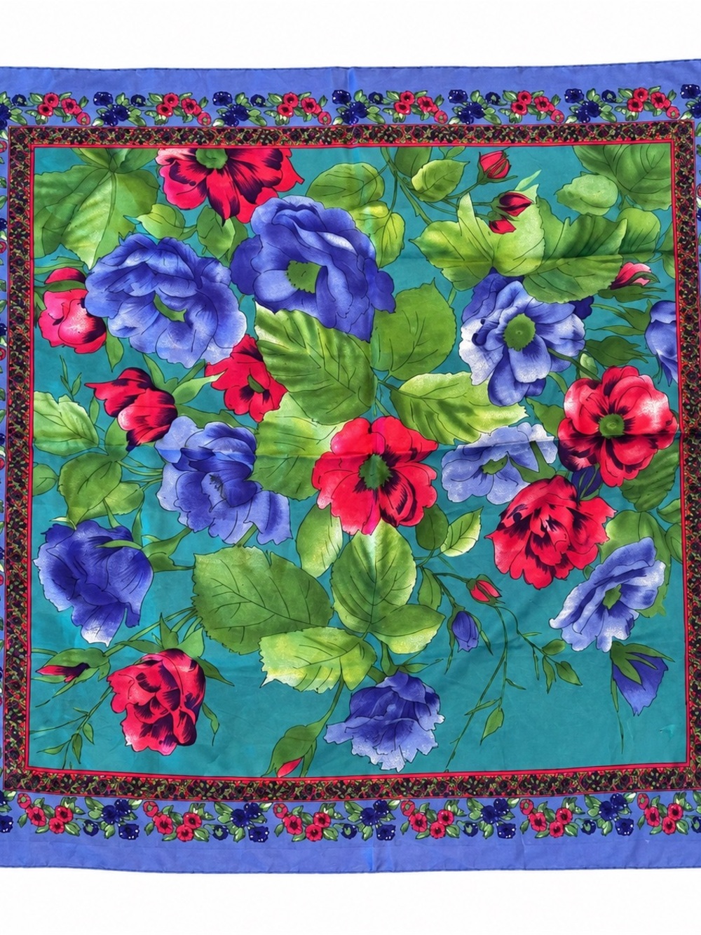 1990 Berkshire Teal Scarf with Blue & Red Floral Print